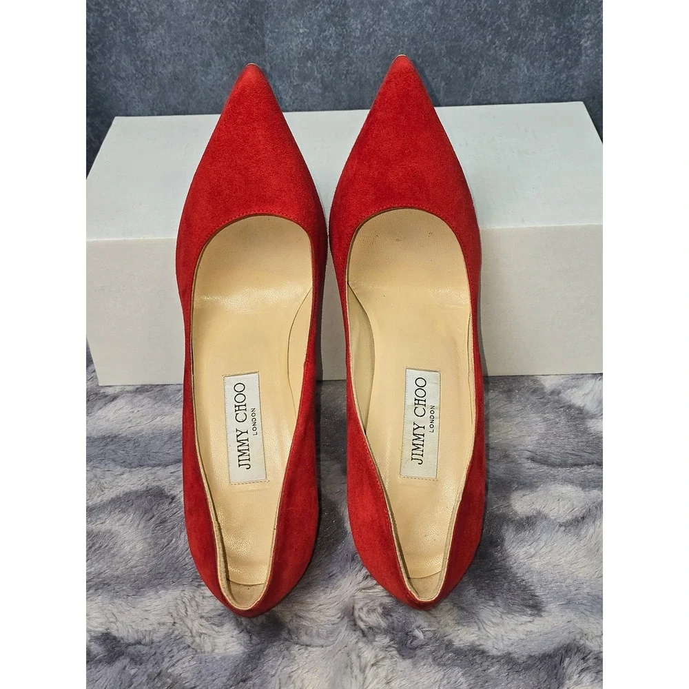 Jimmy‎ Choo Anouk Pumps Red Suede Pointed Toe Stiletto Heels SZ 38 / US 8